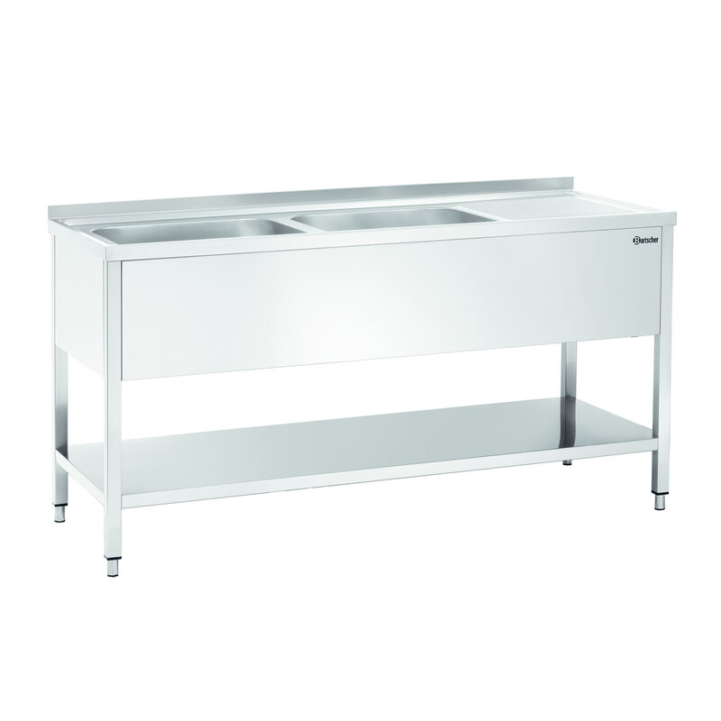 Rvs Spoelwerktafel Met 2 Spoelbakken Links En Bodemschap + Achteropstand | 1600x700x850(h)mm