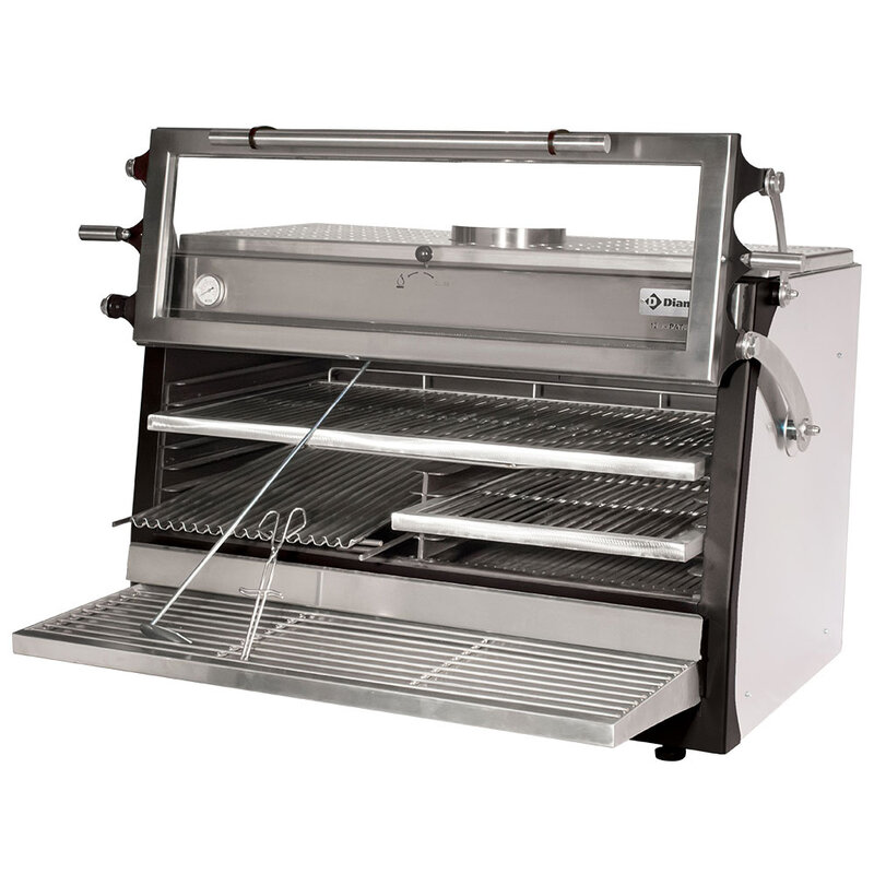 Houtskooloven-bbq, GN 2/1 + Gn1/1 (120 Kg/h)- Hefbare Deur/roestvrij Staal