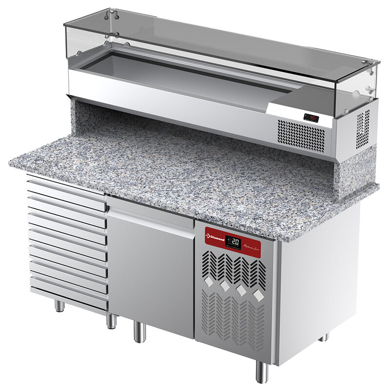 Geventileerde Koeltafel Voor Pizza Met 1 Deur en 7 Lades en Gekoelde Vitrine 1600x380x410 en Werkblad in Graniet.