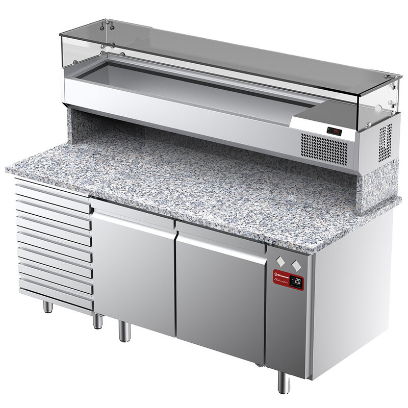 Geventileerde Koeltafel Voor Pizza Met 2 Deuren en 7 Lades en Gekoelde Vitrine 1800x380x410 en Werkblad in Graniet.