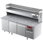 Geventileerde Koeltafel Voor Pizza Met 2 Deuren en 7 Lades en Gekoelde Vitrine 2000x380x410 en Werkblad in Graniet.