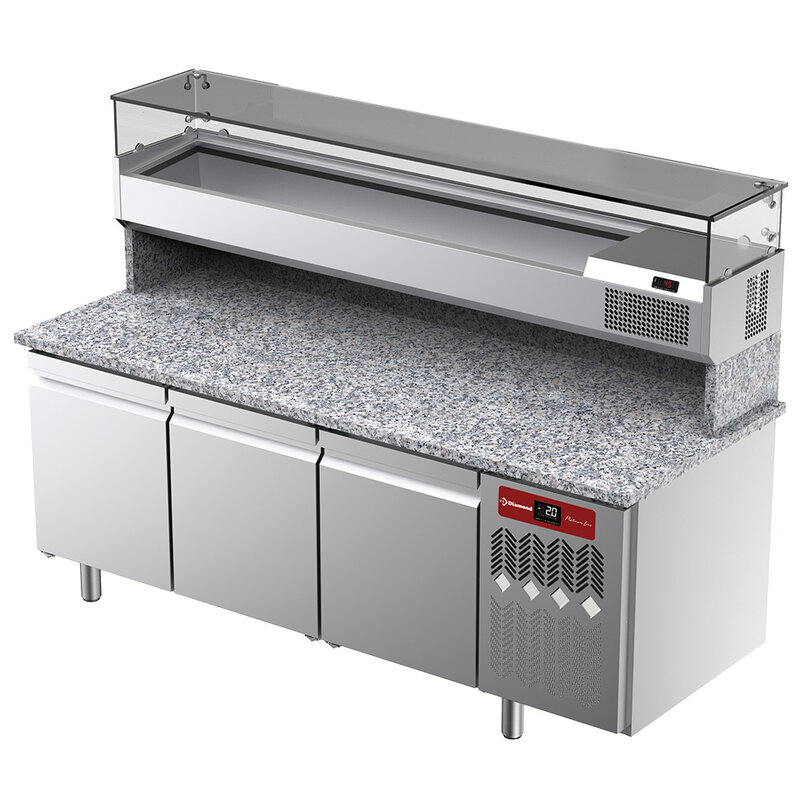 Geventileerde Koeltafel Voor Pizza Met 3 Deuren en Gekoelde Vitrine 2000x380x410 en Werkblad in Graniet.