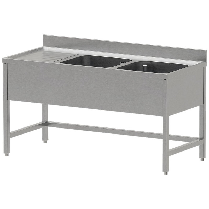 Rvs Spoeltafel Eco Met 2 Kuipen en Links Druipvlak, Zonder Onderlegplank