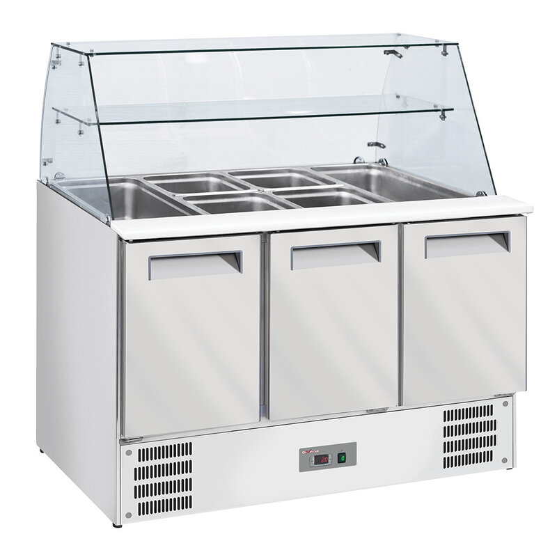 Gekoelde Saladette Met Gebogen Glas 4x Gn1/1-150 mm + Reserve 3 Deuren GN 1/1