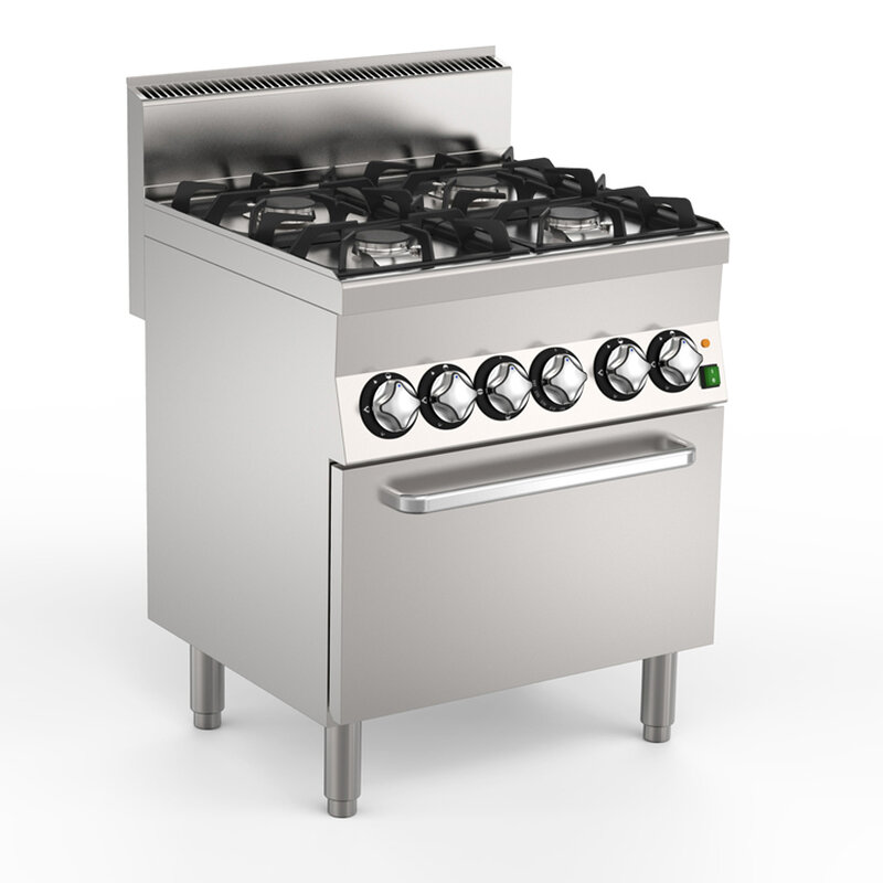 Gastro-inox Mareno M1-600 Gasfornuis Met 4 x 6kw Branders en Elektrische Heteluchtoven, 70cm