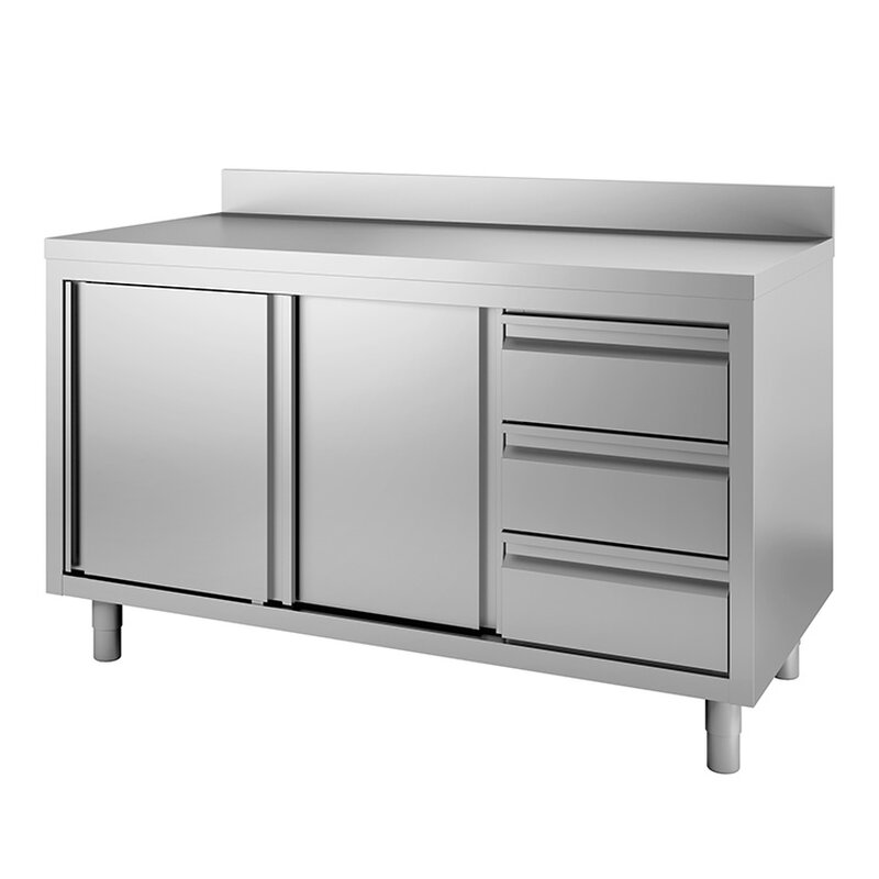 Gastro-inox Werkbank Van Roestvrijstaal Met Klapdeuren, 3 Laden en Achteropstand, 1200(l)x600(d)x880(h)mm