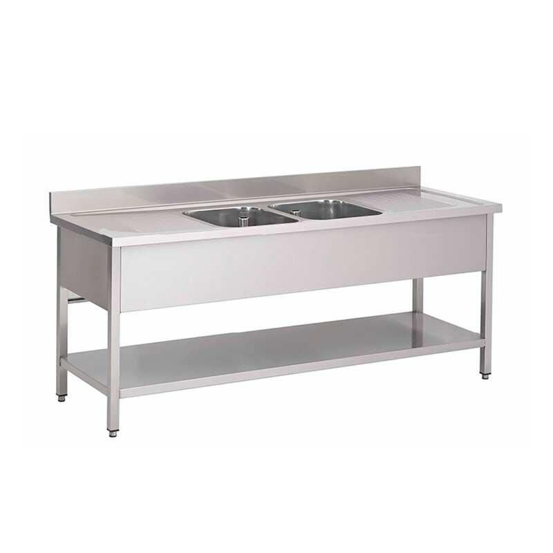 Gastro-inox Spoelwerktafel Met 2 Spoelbakken M en Onderblad Van Roestvrijstaal Aisi 304, 1200(l)x600(d)x880(h)mm