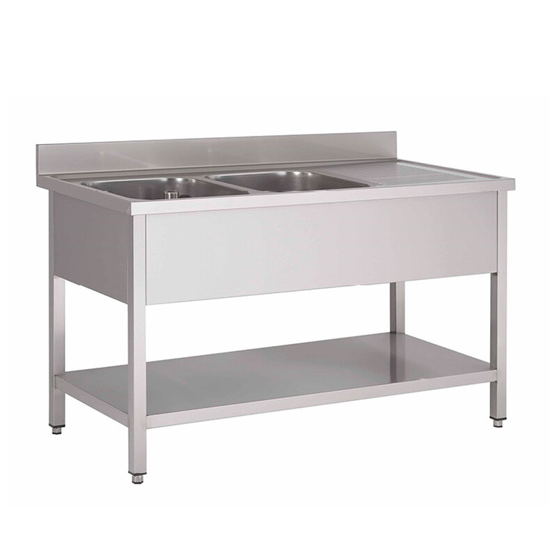 Gastro-inox Spoelwerktafel Met 2 Spoelbakken L en Onderblad Van Roestvrijstaal Aisi 304, 1600(l)x700(d)x880(h)mm