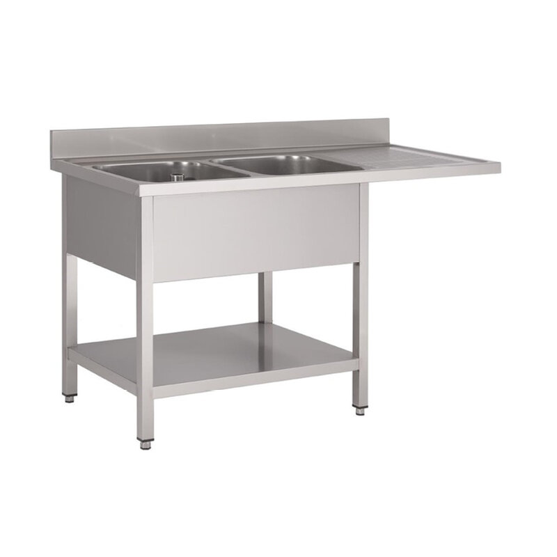 Gastro-inox Spoeltafel Met 2 Spoelbakken L, Onderblad en Ruimte Voor Vaatwasser Van Rvs Aisi 304, 1600(l)mm