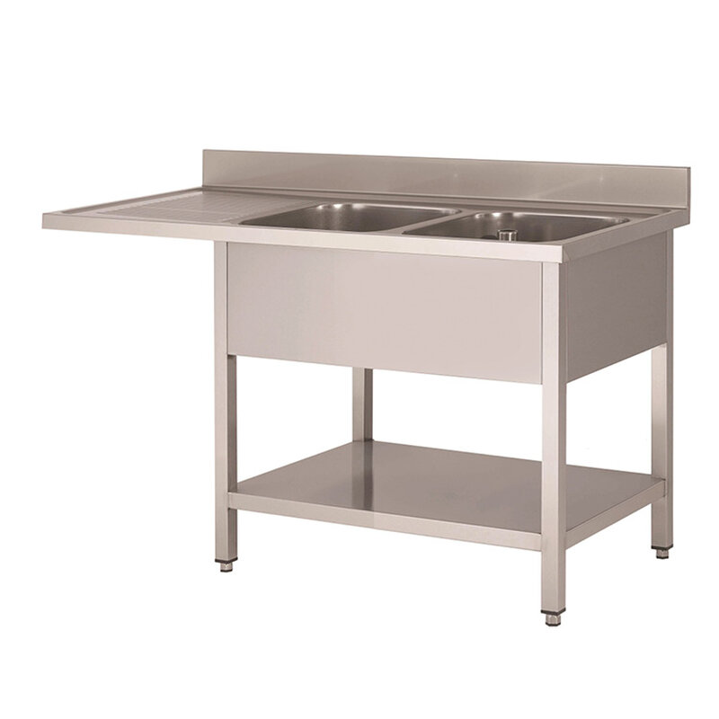 Gastro-inox Spoeltafel Met 2 Spoelbakken R, Onderblad en Ruimte Voor Vaatwasser, Van Rvs Aisi 304 1600(l)mm