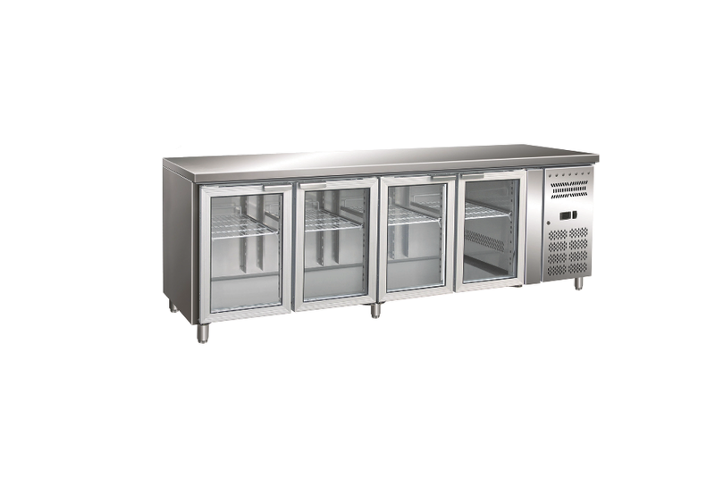 Gastro-inox Rvs GN Koelwerkbank Met 4 Glasdeuren, Geforceerd Gekoeld