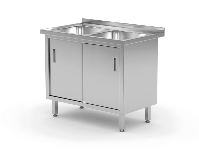 Hendi Tafel Met 2 Spoelbakken, Kast – Gelast, Met Schuifdeuren