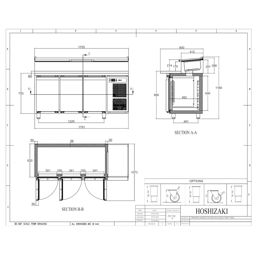 Hoshizaki Saladette | Premier | 463l | 3 Deuren (1/1 Gn) | Boven 9x 1/3 GN | +2°c/+12°c | Geforceerd | Klapdeksel | 1755x800x890/1160(h)mm
