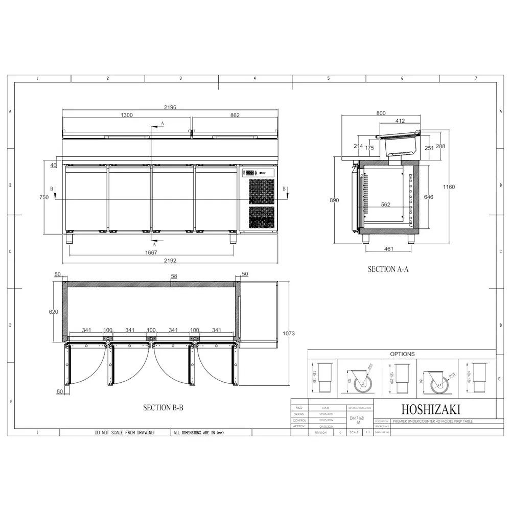 Hoshizaki Saladette | Premier | 625l | 4 Deuren (1/1 Gn) | Boven 11x 1/3 GN | +2°c/+12°c | Geforceerd | Klapdeksels | 2196x800x890/1160(h)mm