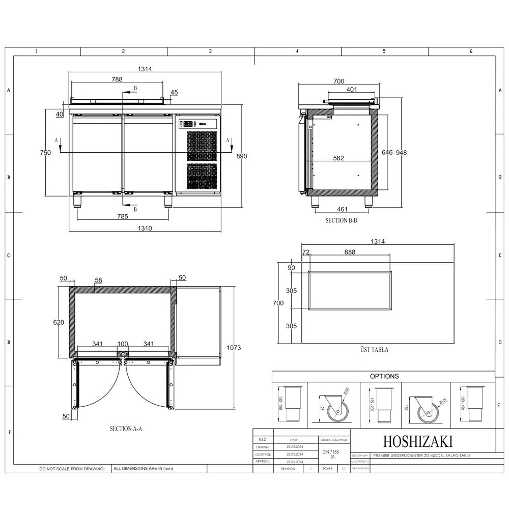 Hoshizaki Saladette | Premier | 301l | 2 Deuren (1/1 Gn) | Boven 4x 1/3 GN | +2°c/+12°c | Geforceerd | Klapdeksel | 1314x700x1028(h)mm