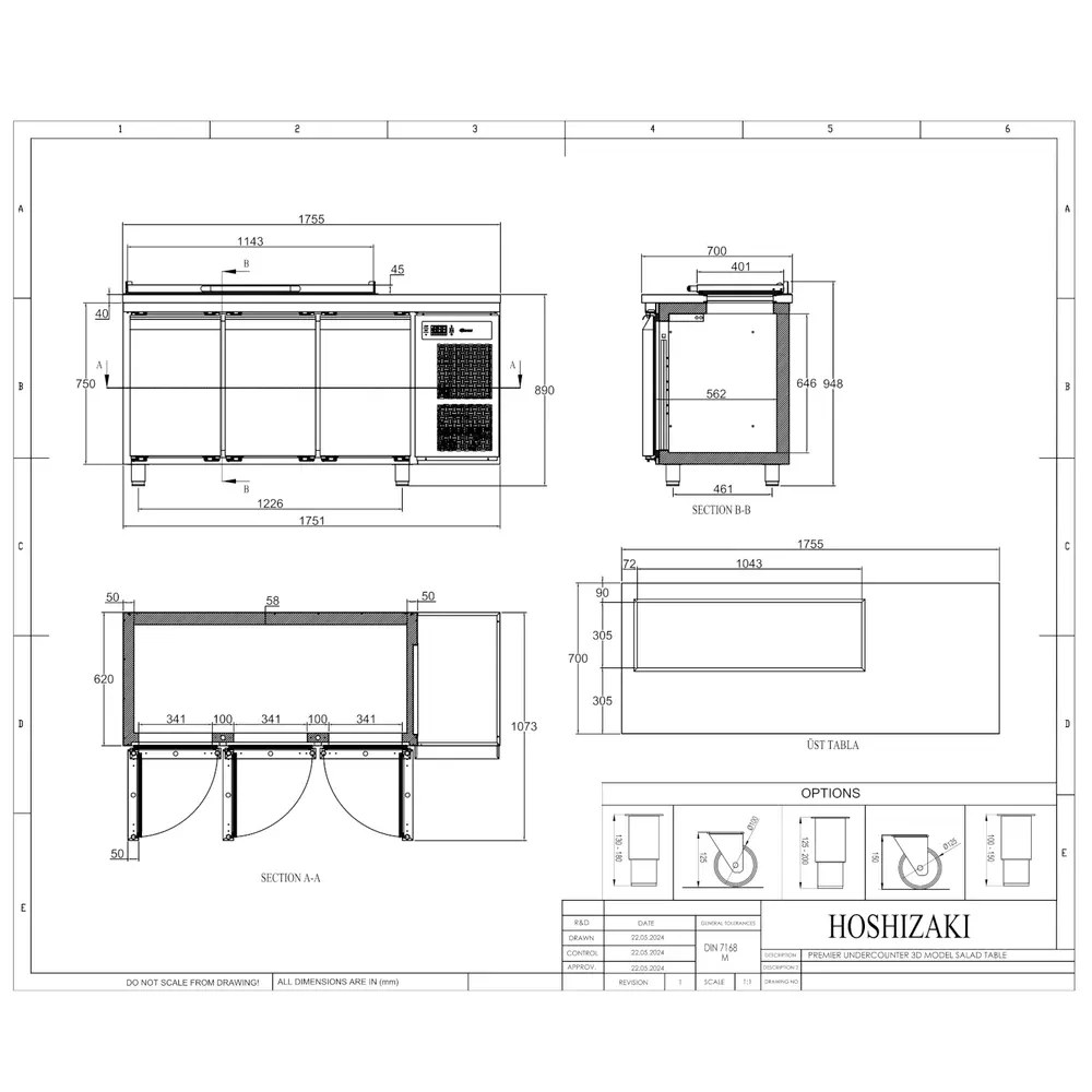 Hoshizaki Saladette | Premier | 463l | 3 Deuren (1/1 Gn) | Boven 6x 1/3 GN | +2°c/+12°c | Geforceerd | Klapdeksel | 1755x700x1028(h)mm