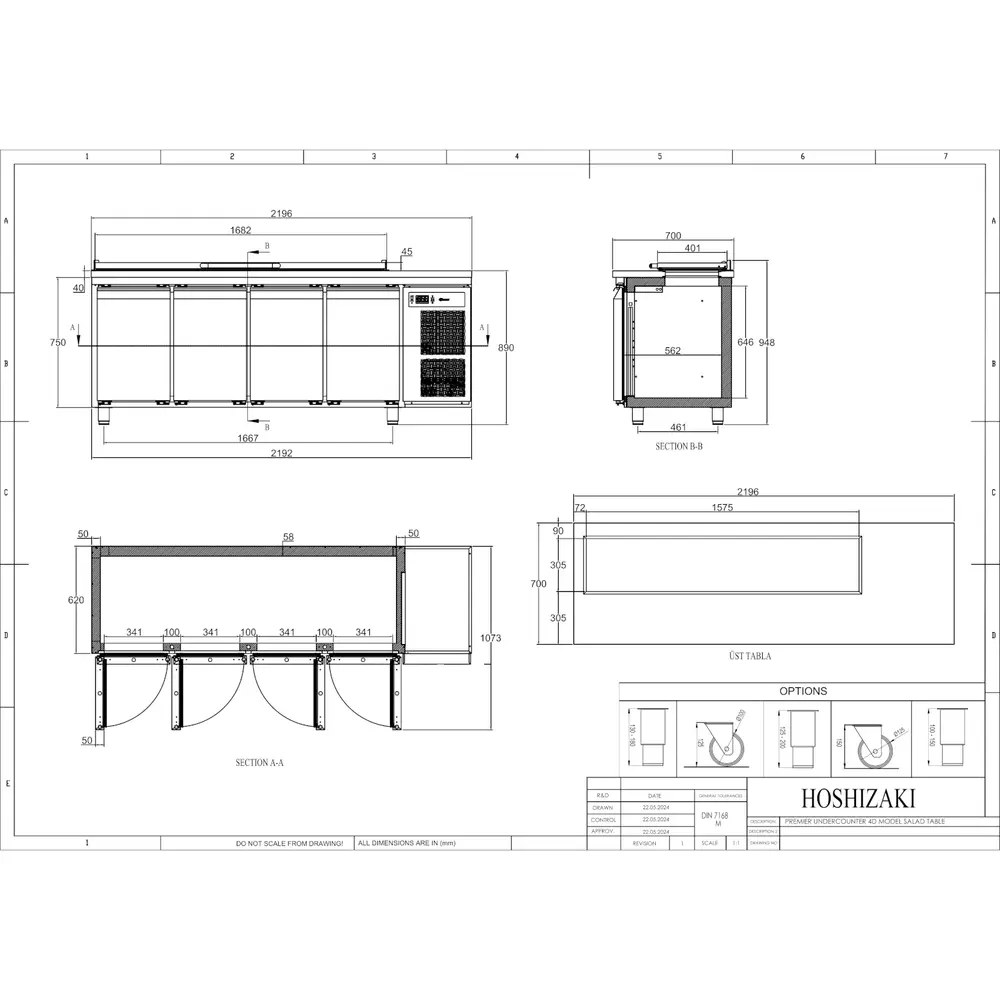Hoshizaki Saladette | Premier | 625l | 4 Deuren (1/1 Gn) | Boven 9x 1/3 GN | +2°c/+12°c | Geforceerd | Klapdeksel | 2196x700x1028(h)mm