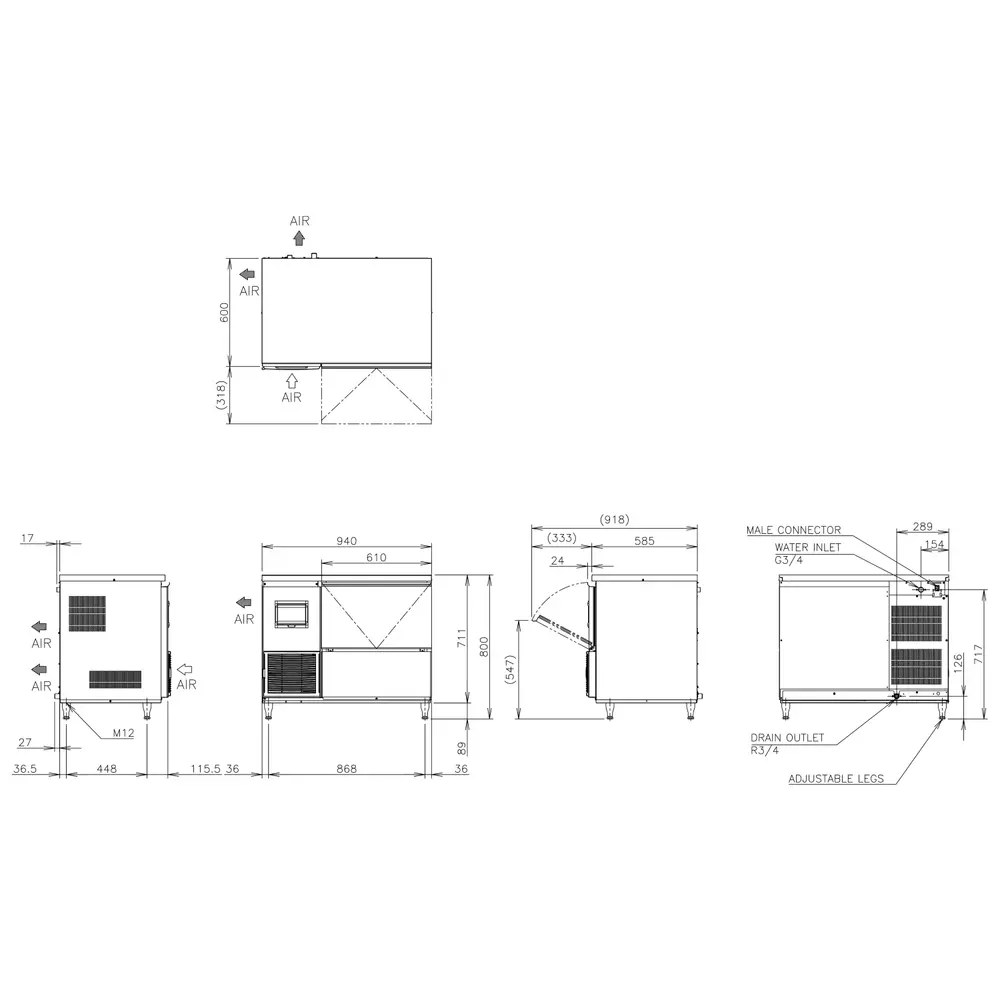 Hoshizaki Schilferijsmachine | Fm-serie | 125kg/24u | Bunker 57kg | Luchtgekoeld | 940x600x800/889(h)mm