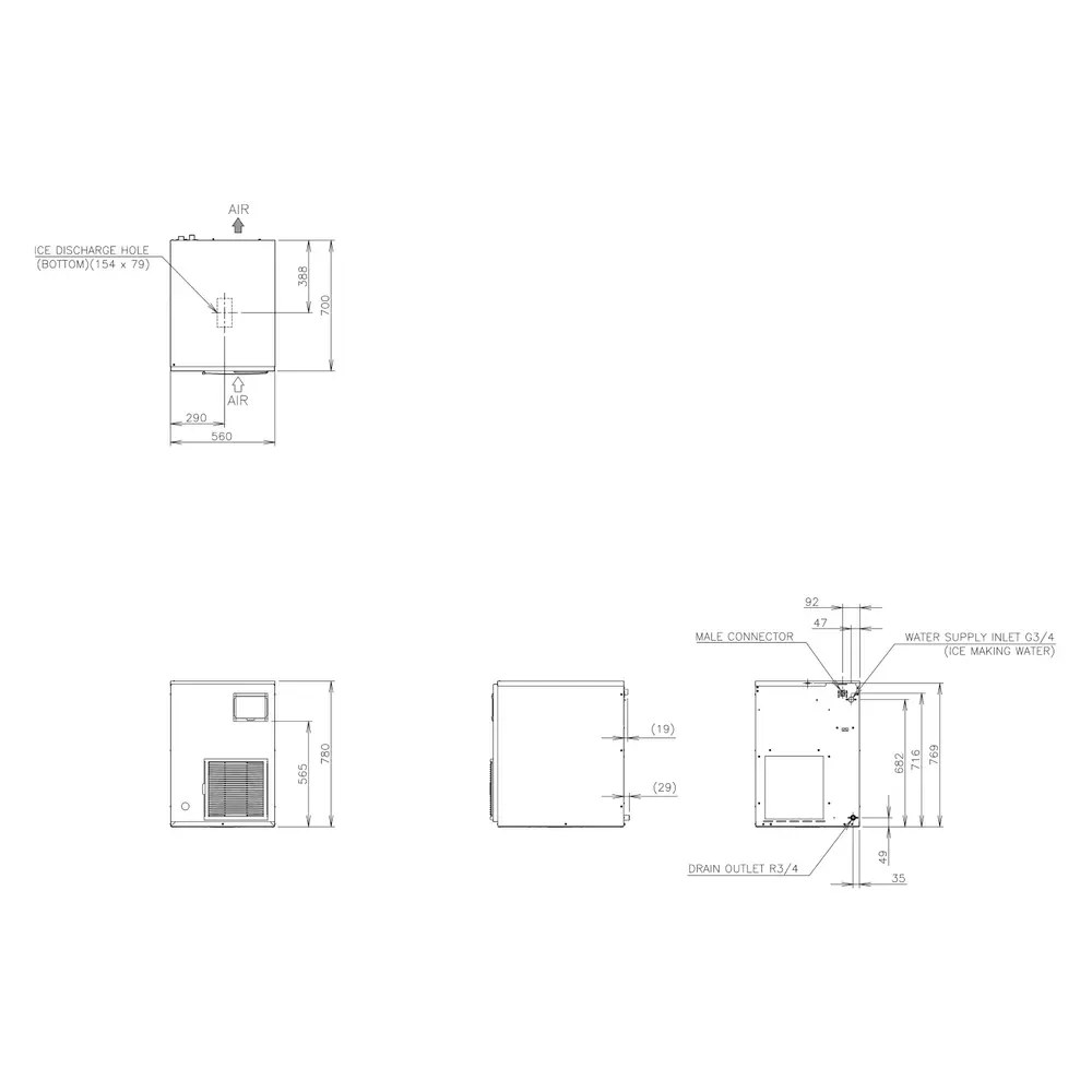 Hoshizaki Schilferijsmachine | Fm-serie | 300kg/24u | Zonder Bunker | Luchtgekoeld | 560x700x780(h)mm