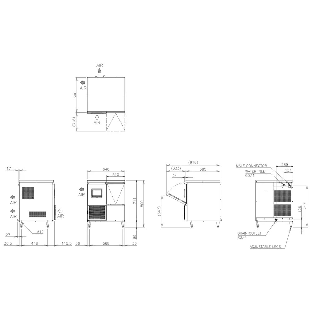 Hoshizaki Schilferijsmachine | Fm-serie | 85kg/24u | Bunker 26kg | Luchtgekoeld | 640x600x800/889(h)mm