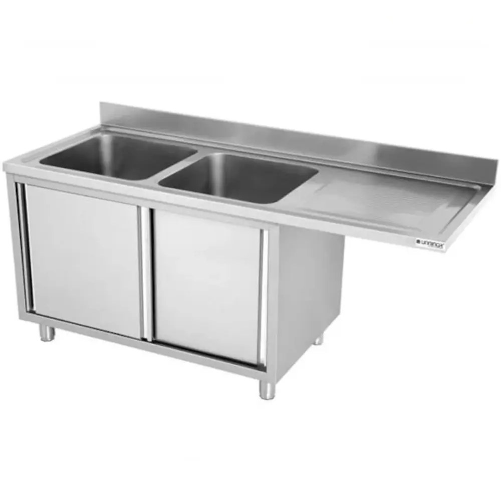 Unninox Spoeltafel | Rvs | 2 Spoelbakken (links) + Afdruipvlak | Schuifdeuren + Voorlader | Achteropstand | 1600x700x850(h)mm