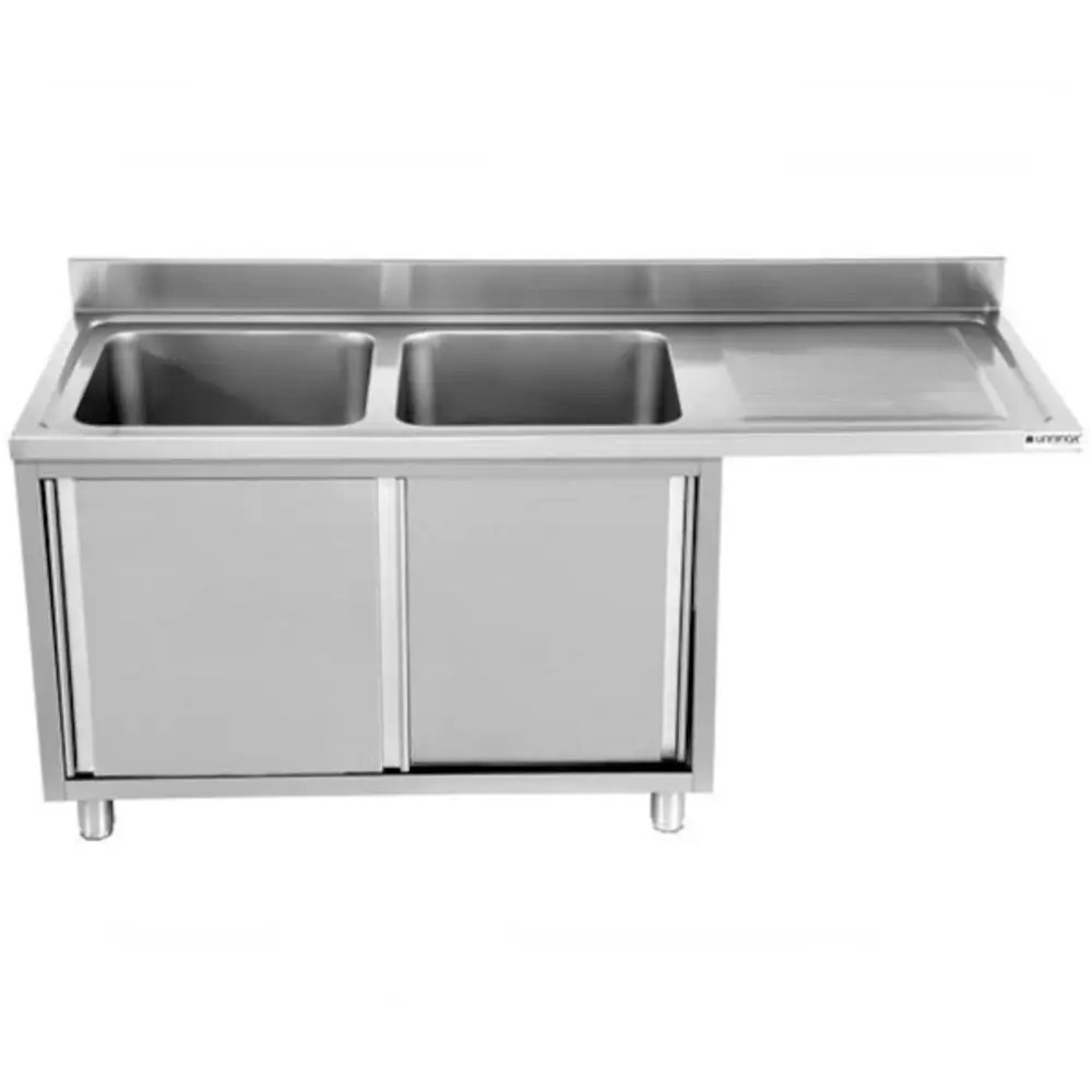 Unninox Spoeltafel | Rvs | 2 Spoelbakken (links) + Afdruipvlak | Schuifdeuren + Voorlader | Achteropstand | 1600x700x850(h)mm