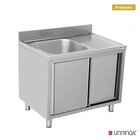 Unninox Rvs Spoeltafel Met Achteropstand |  1 Spoelbak Links - Druipvlak Rechts | 2 Schuifdeuren | 1000x700x850(h)mm