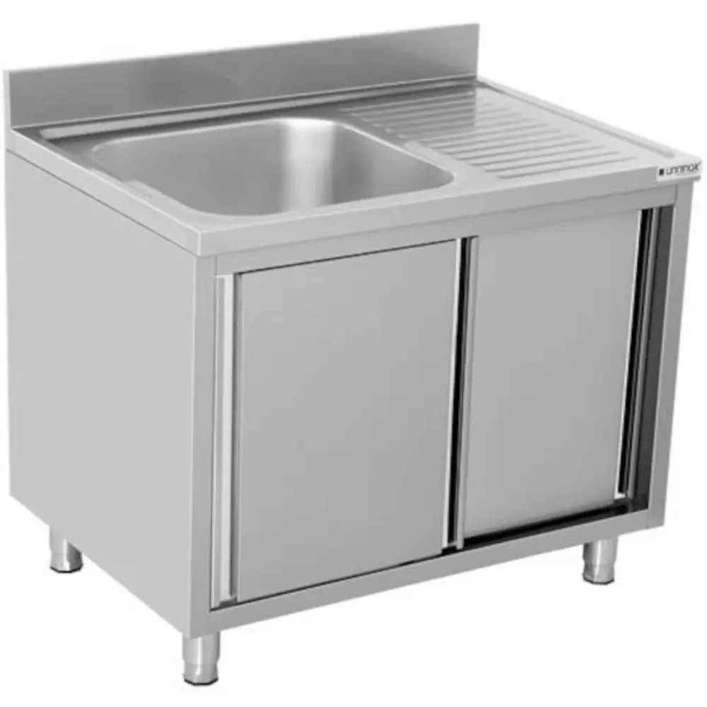 Unninox Rvs Spoeltafel Met Achteropstand |  1 Spoelbak Links - Druipvlak Rechts | 2 Schuifdeuren | 1000x700x850(h)mm