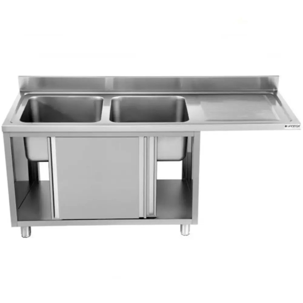 Unninox Spoeltafel | Rvs | 2 Spoelbakken (links) + Afdruipvlak | Schuifdeuren + Voorlader | Achteropstand | 1800x700x850(h)mm