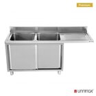 Unninox Spoeltafel | Rvs | 2 Spoelbakken (links) + Afdruipvlak | Schuifdeuren + Voorlader | Achteropstand | 1800x700x850(h)mm