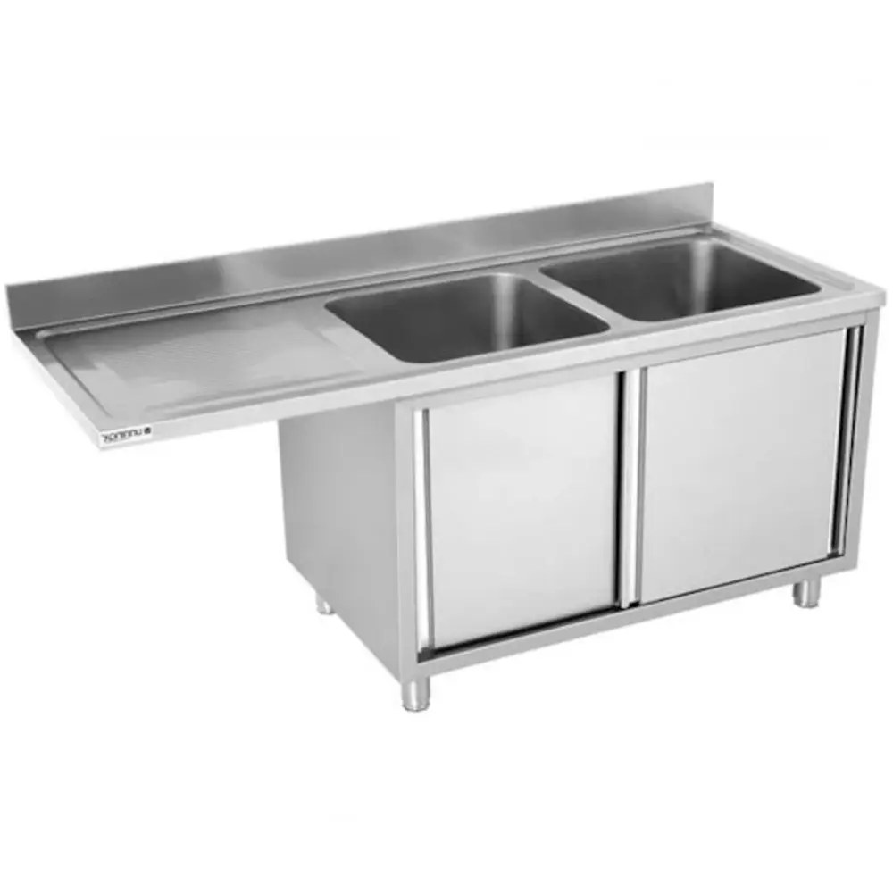 Unninox Rvs Spoeltafel Met Opstaande Rand & Schuifdeuren | 2 Kuipen Recht Met Ruimte Voor Vaatwasser | 1800x700x850(h)mm