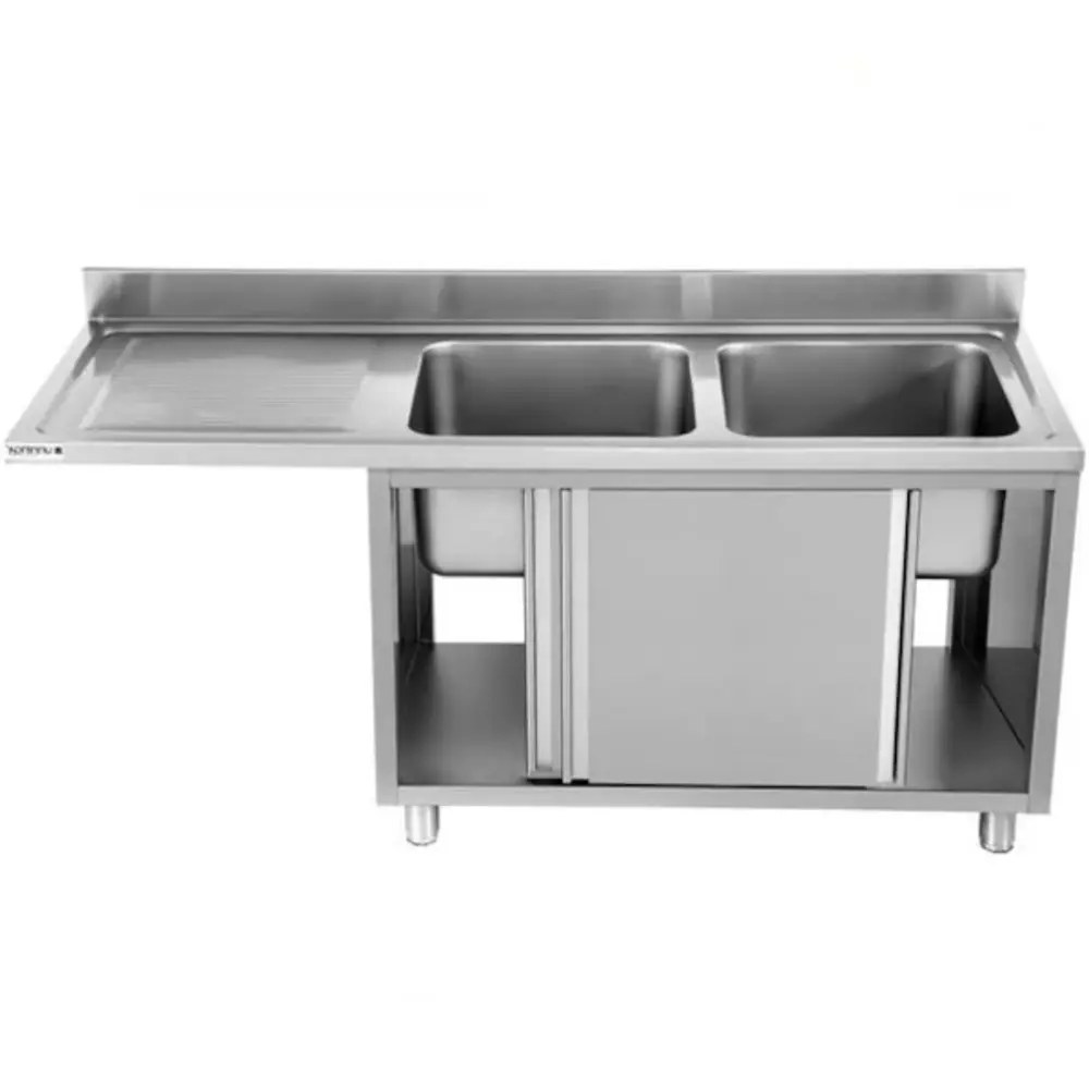 Unninox Rvs Spoeltafel Met Opstaande Rand & Schuifdeuren | 2 Kuipen Recht Met Ruimte Voor Vaatwasser | 1800x700x850(h)mm