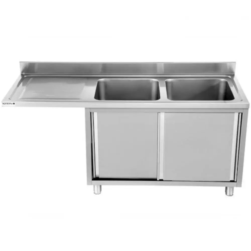 Unninox Rvs Spoeltafel Met Opstaande Rand & Schuifdeuren | 2 Kuipen Recht Met Ruimte Voor Vaatwasser | 1800x700x850(h)mm