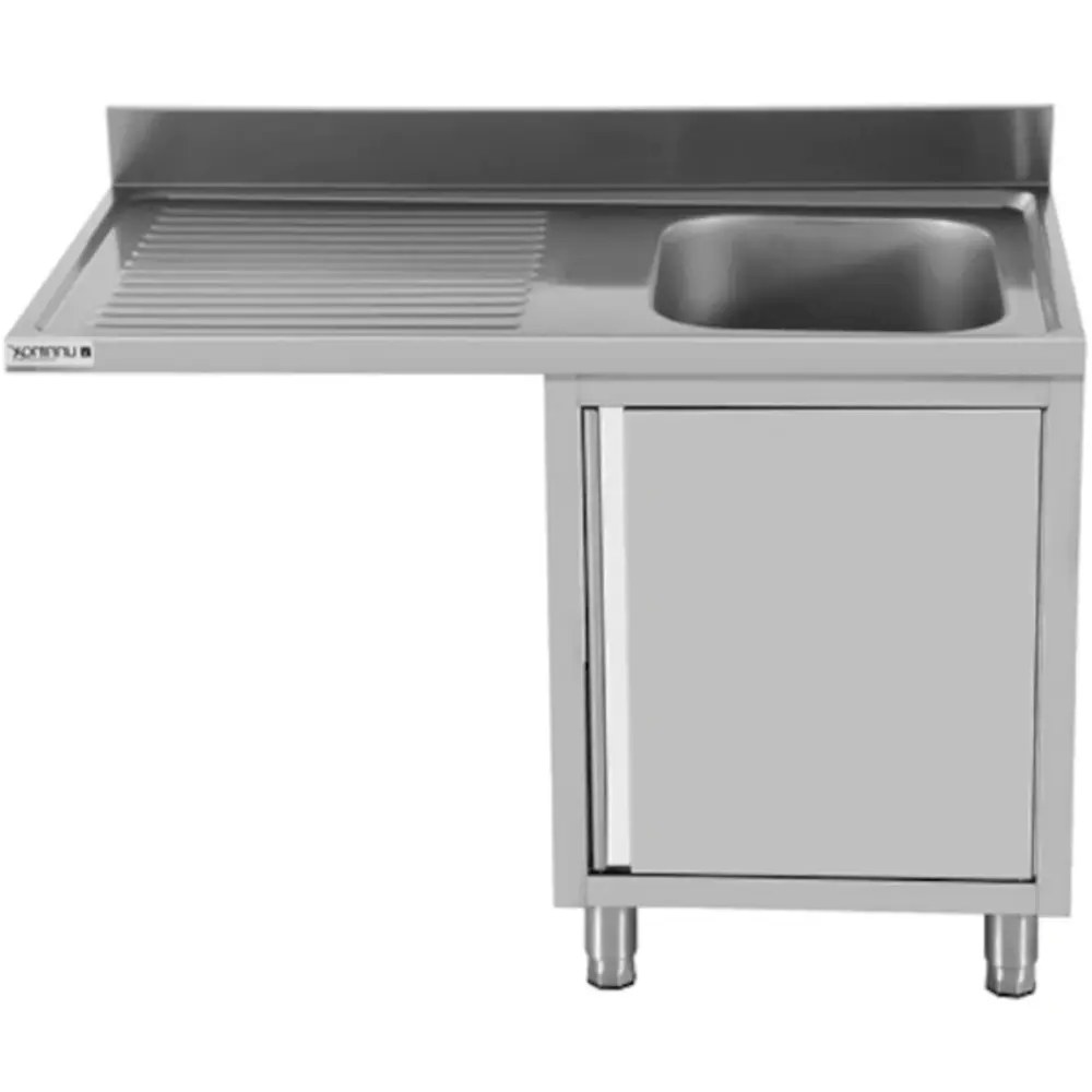 Unninox Spoeltafel | Rvs | 1 Spoelbak (rechts) + Afdruipvlak | Draaideur + Voorlader | Achteropstand | 1200x700x850(h)mm