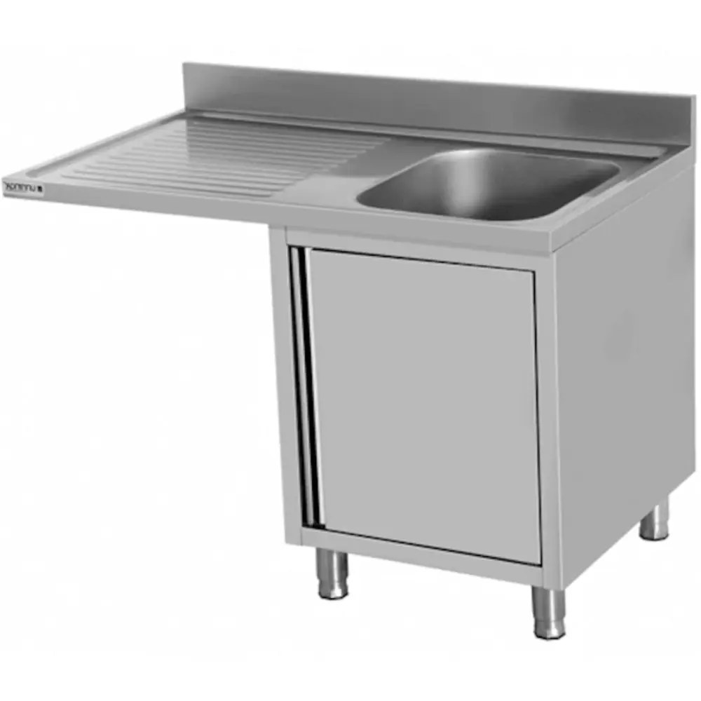 Unninox Spoeltafel | Rvs | 1 Spoelbak (rechts) + Afdruipvlak | Draaideur + Voorlader | Achteropstand | 1200x700x850(h)mm