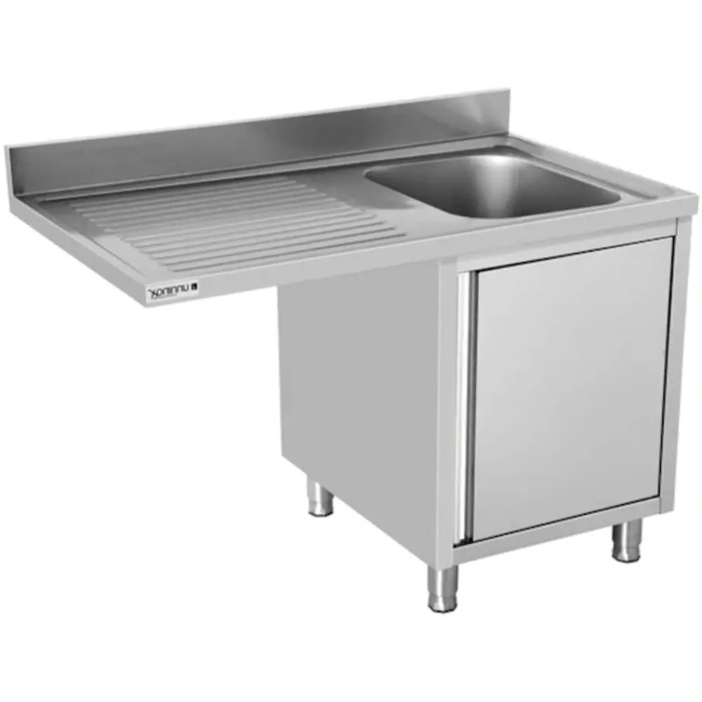 Unninox Spoeltafel | Rvs | 1 Spoelbak (rechts) + Afdruipvlak | Draaideur + Voorlader | Achteropstand | 1200x700x850(h)mm