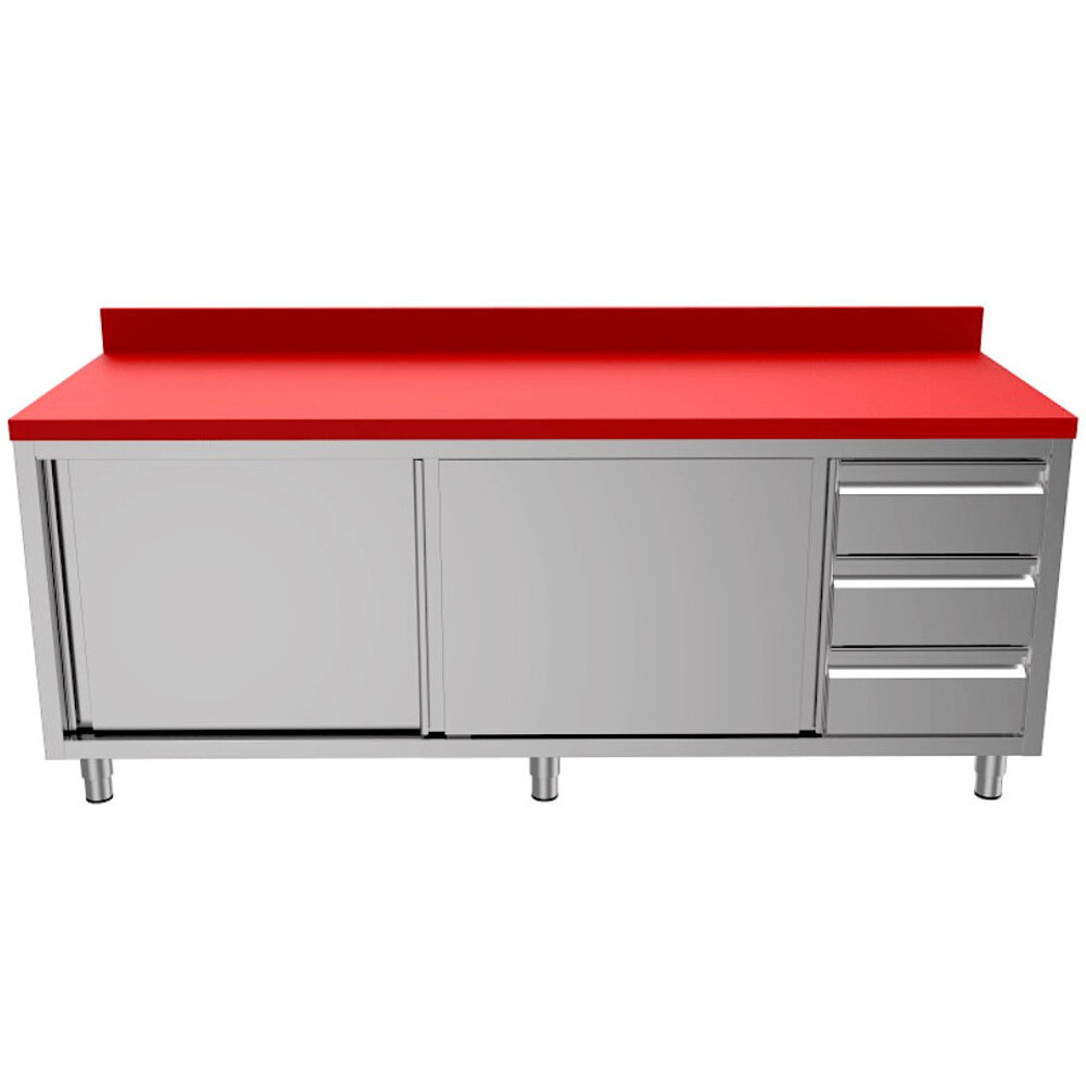 Unninox Snijwerktafel | Rvs/polyethyleen | Schuifdeuren + Laden (rechts) | Diepte 600 | Hoogte 850/900 | Breedte 1200-2000 | Achteropstand