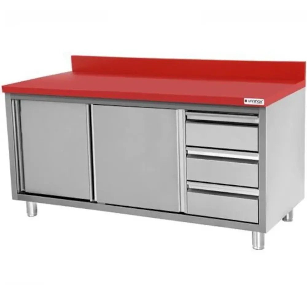 Unninox Snijwerktafel | Rvs/polyethyleen | Schuifdeuren + Laden (rechts) | Diepte 700 | Hoogte 850/900 | Breedte 1400 | Achteropstand