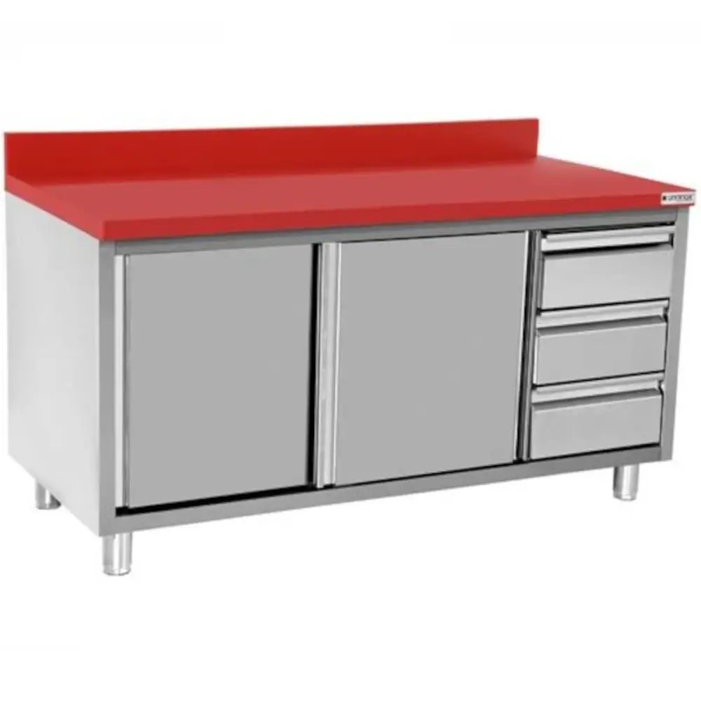 Unninox Snijwerktafel | Rvs/polyethyleen | Schuifdeuren + Laden (rechts) | Diepte 700 | Hoogte 850/900 | Breedte 1400 | Achteropstand