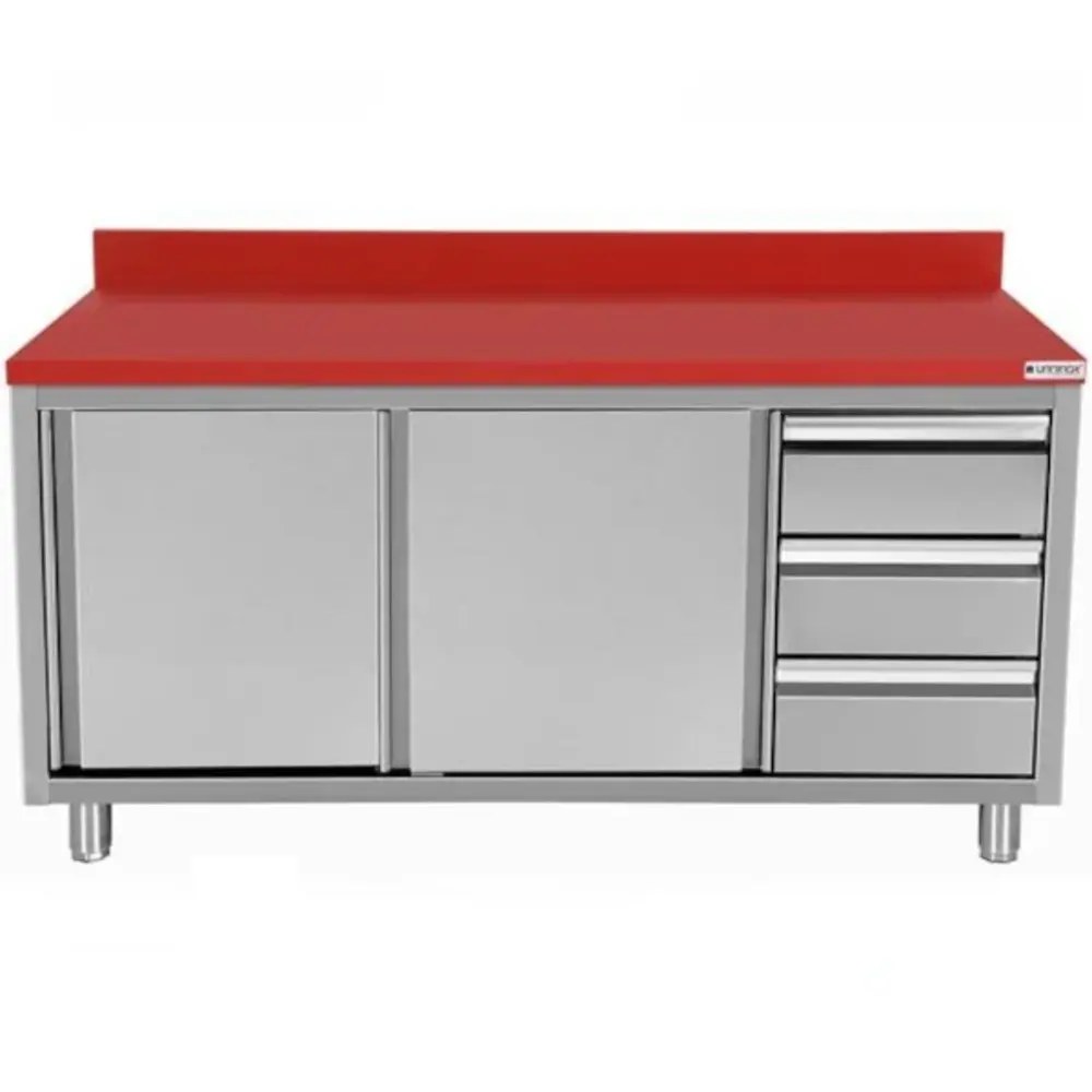 Unninox Snijwerktafel | Rvs/polyethyleen | Schuifdeuren + Laden (rechts) | Diepte 700 | Hoogte 850/900 | Breedte 1400 | Achteropstand