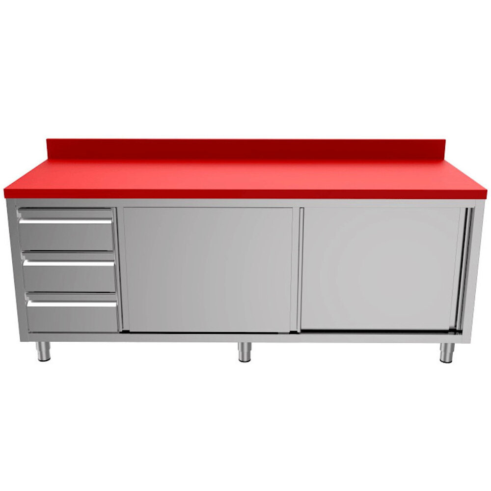Unninox Snijwerktafel | Rvs/polyethyleen | Schuifdeuren + Laden (links) | Diepte 600 | Hoogte 850/900 | Breedte 1200-2000 | Achteropstand