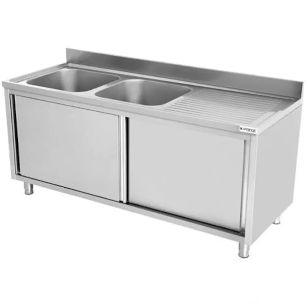 Unninox Spoeltafel | Rvs | 2 Spoelbakken Midden + Achteropstand + Schuifdeuren | 2000x700x850(h)mm