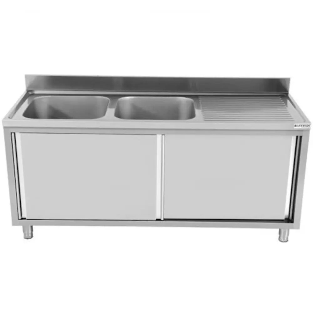 Unninox Spoeltafel | Rvs | 2 Spoelbakken Midden + Achteropstand + Schuifdeuren | 2000x700x850(h)mm