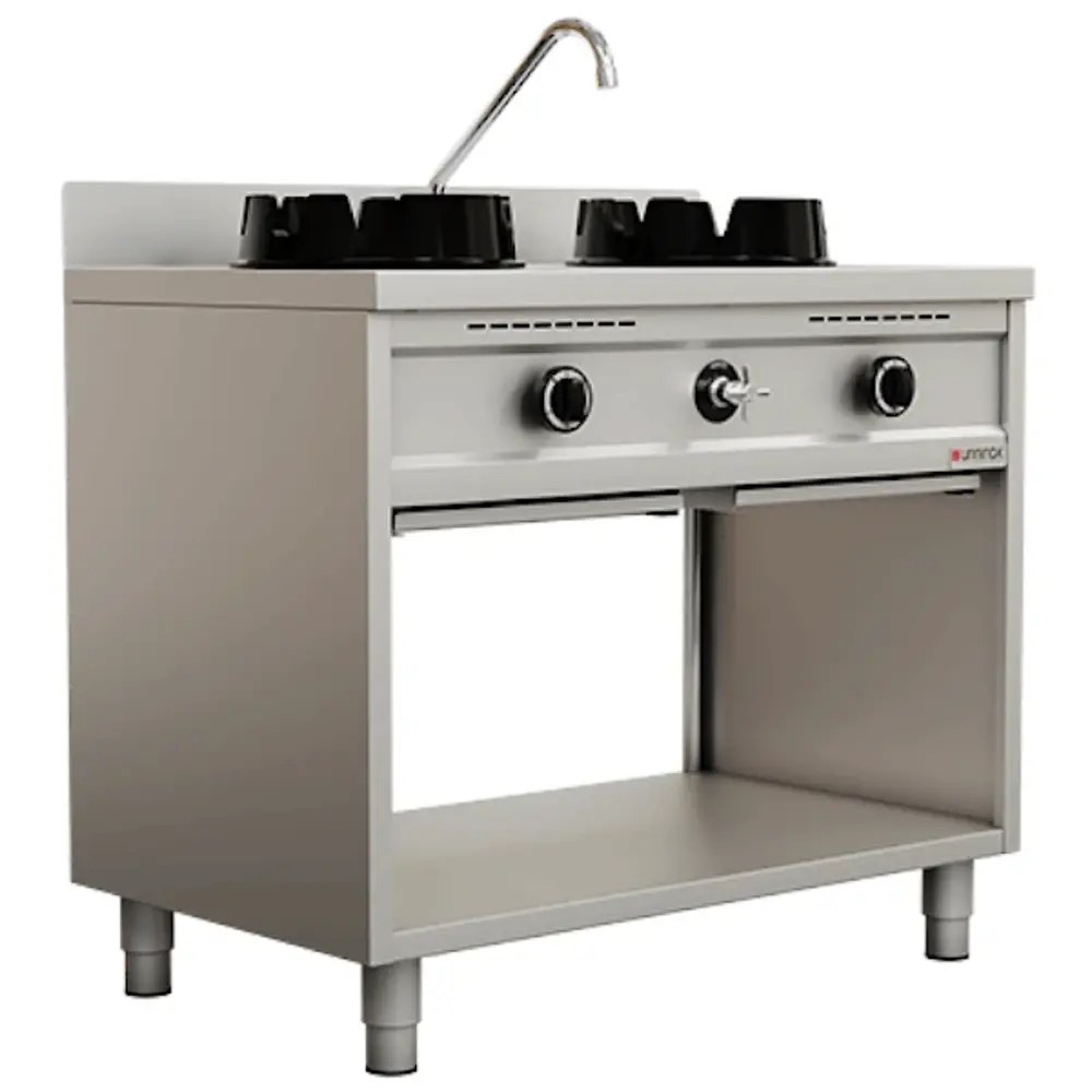 Unninox Wokfornuis | Gas | 2 Branders (2x 15kw) | Waterkraan | Open Onderkast | 1000x600x850/1000(h)mm