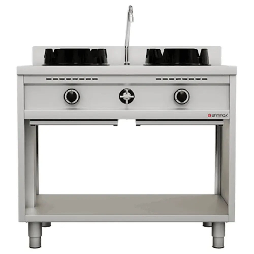 Unninox Wokfornuis | Gas | 2 Branders (2x 15kw) | Waterkraan | Open Onderkast | 1000x600x850/1000(h)mm