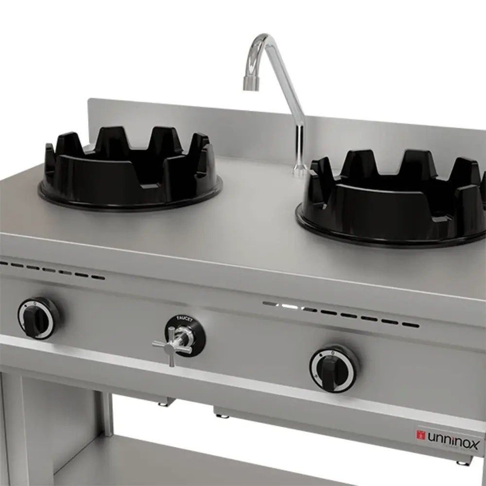 Unninox Wokfornuis | Gas | 2 Branders (2x 15kw) | Waterkraan | Open Onderkast | 1000x600x850/1000(h)mm