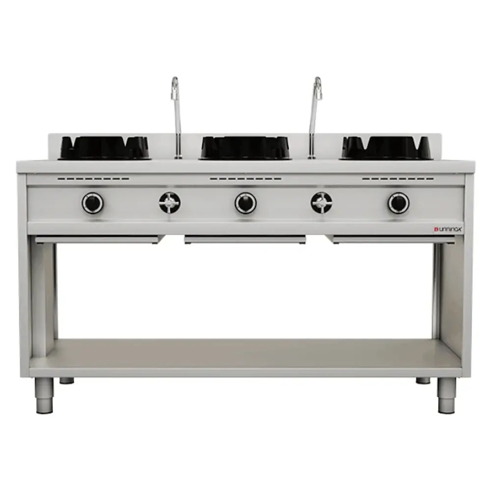 Unninox Wokfornuis | Gas | 3 Branders (3x 15kw) | Waterkranen | Open Onderkast | 1500x600x850/1000(h)mm