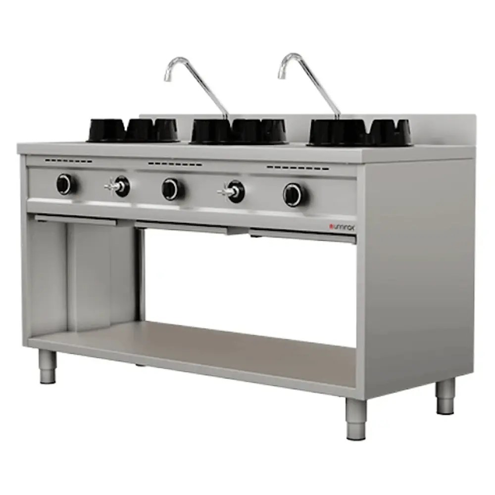 Unninox Wokfornuis | Gas | 3 Branders (3x 15kw) | Waterkranen | Open Onderkast | 1500x600x850/1000(h)mm