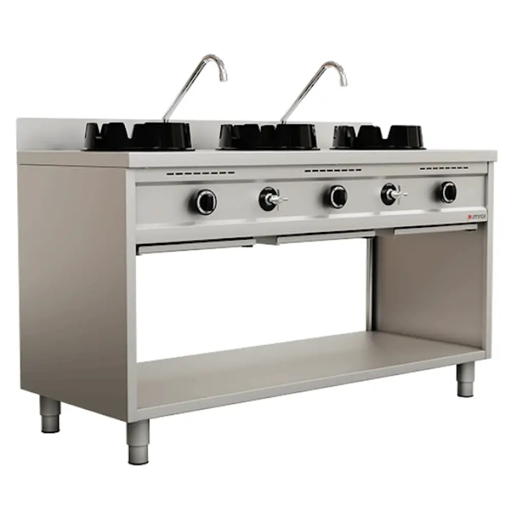 Unninox Wokfornuis | Gas | 3 Branders (3x 15kw) | Waterkranen | Open Onderkast | 1500x600x850/1000(h)mm