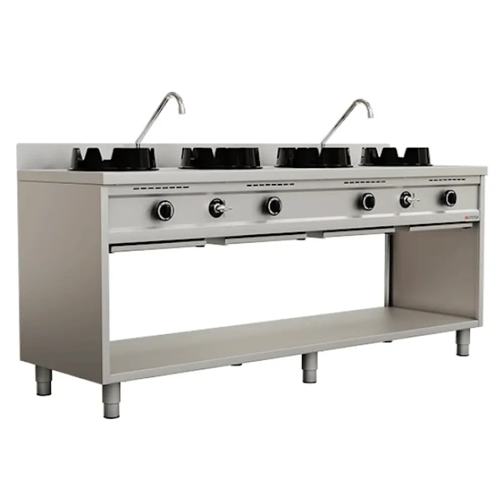 Unninox Wokfornuis | Gas | 4 Branders (4x 15kw) | Waterkranen | Open Onderkast | 2000x600x850/1000(h)mm
